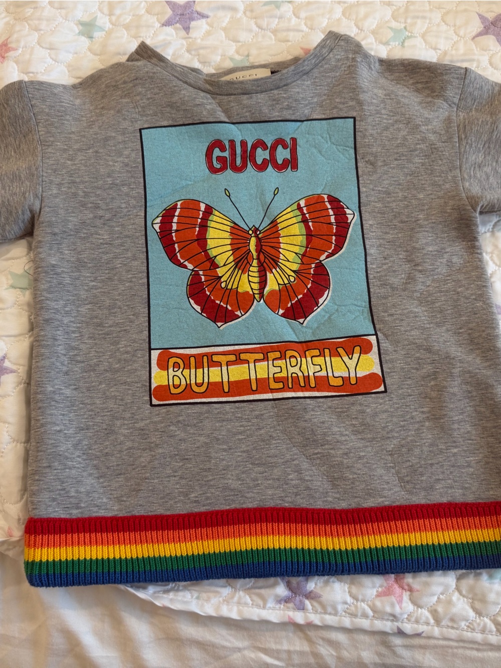 Gucci Grey Sweatshirt with Red & Yellow Butterfly and Rainbow Trim